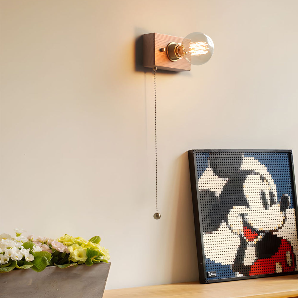 Classic Wooden Wall Light with Chain Switch