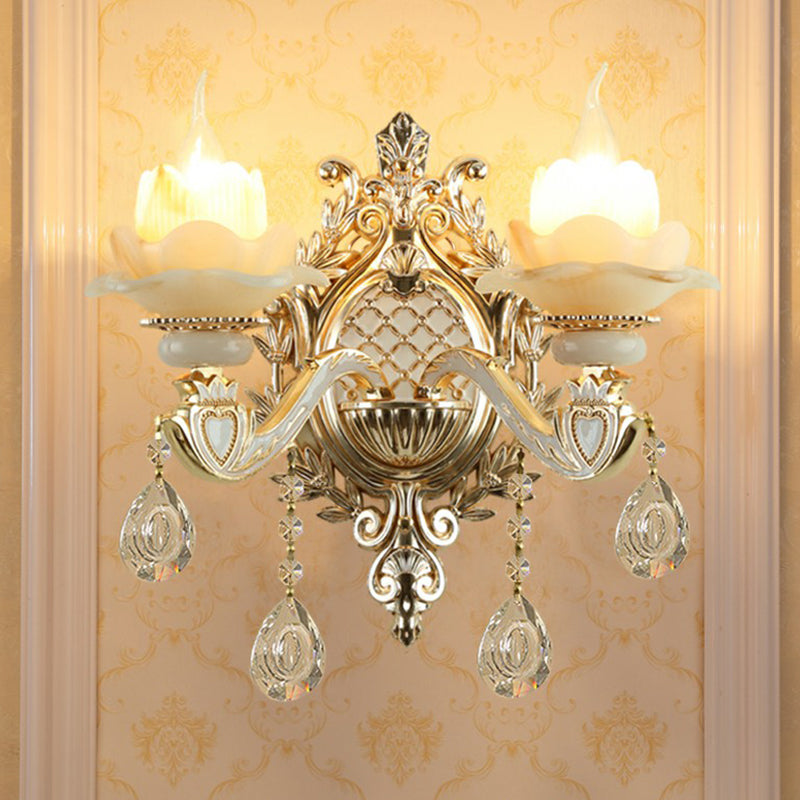Elegant White Glass Wall Sconce with Crystal Drops