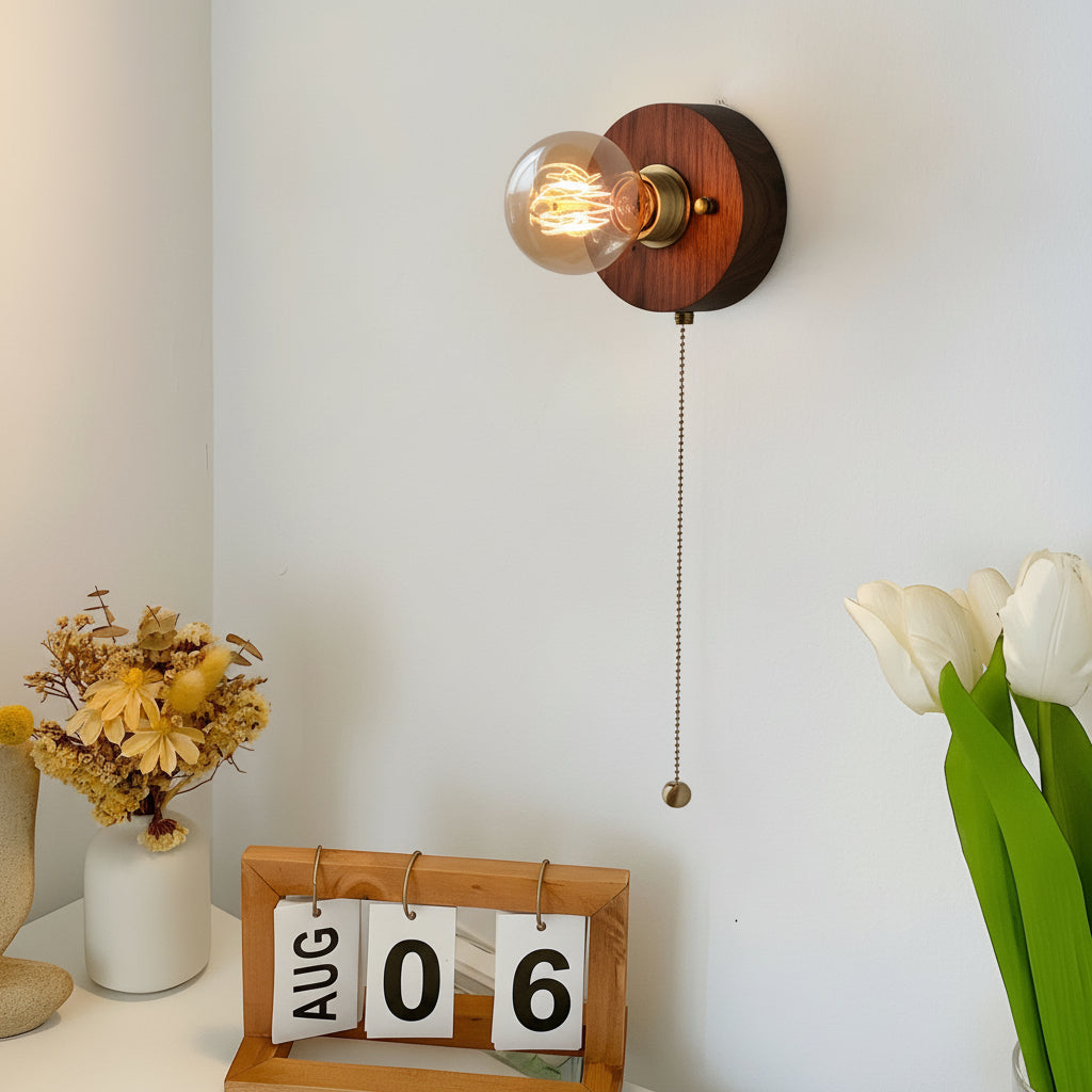 Rustic Wooden Bedside Wall Light with Pull Chain
