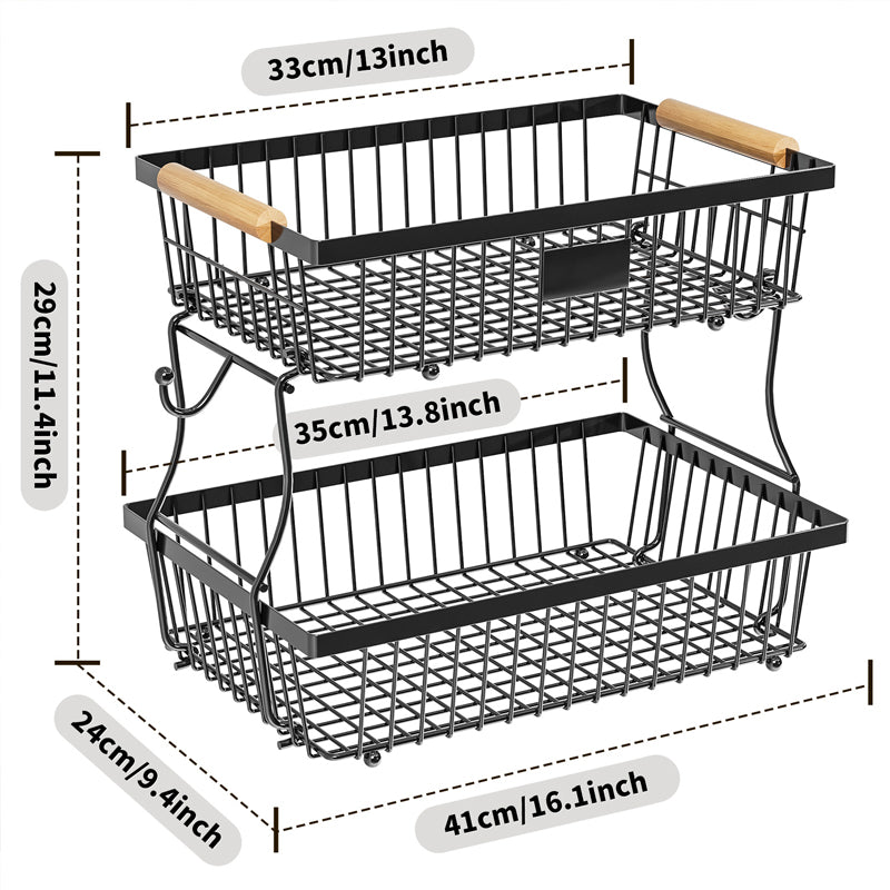 Space Saving 2 Tier Metal Fruit Stand with Hanging Hooks