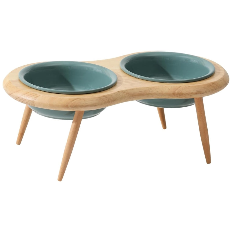Elevated Pet Feeder Ceramic Cat Dish with Wood Base