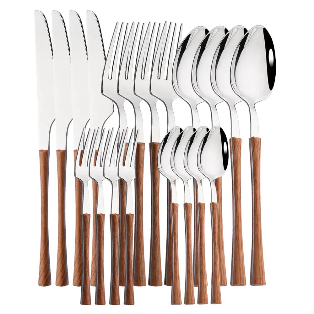 Vintage Style Wood Handle Stainless Steel Flatware Set