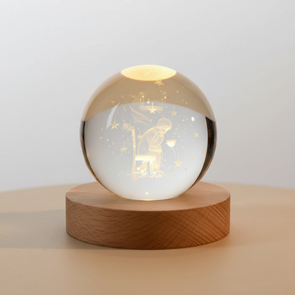 Round Wood Globe Table Lamp with Soft LED Glow