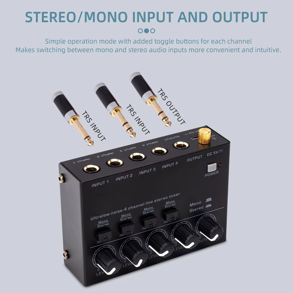 Portable 4-Channel Mini Audio Mixer with Stereo Output