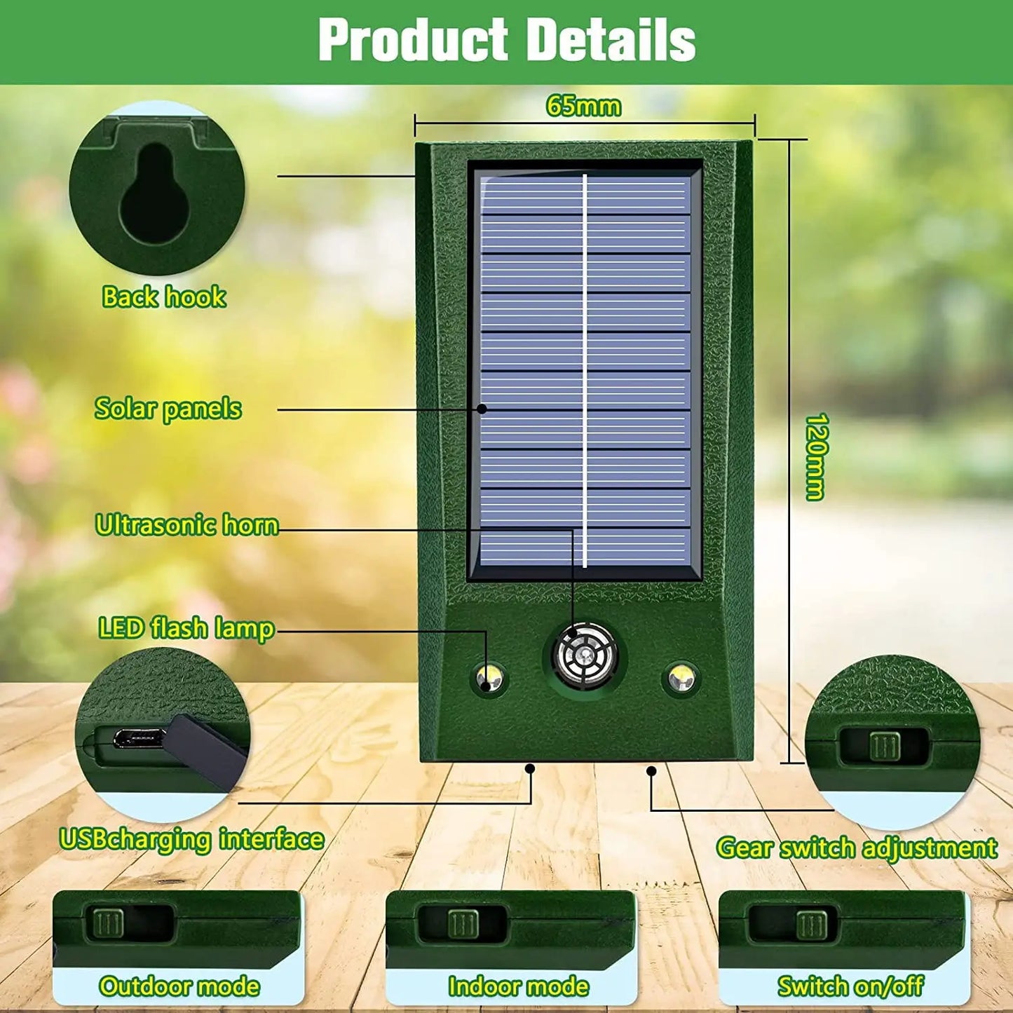 Outdoor Solar Powered Bird Repeller with LED and Sensor