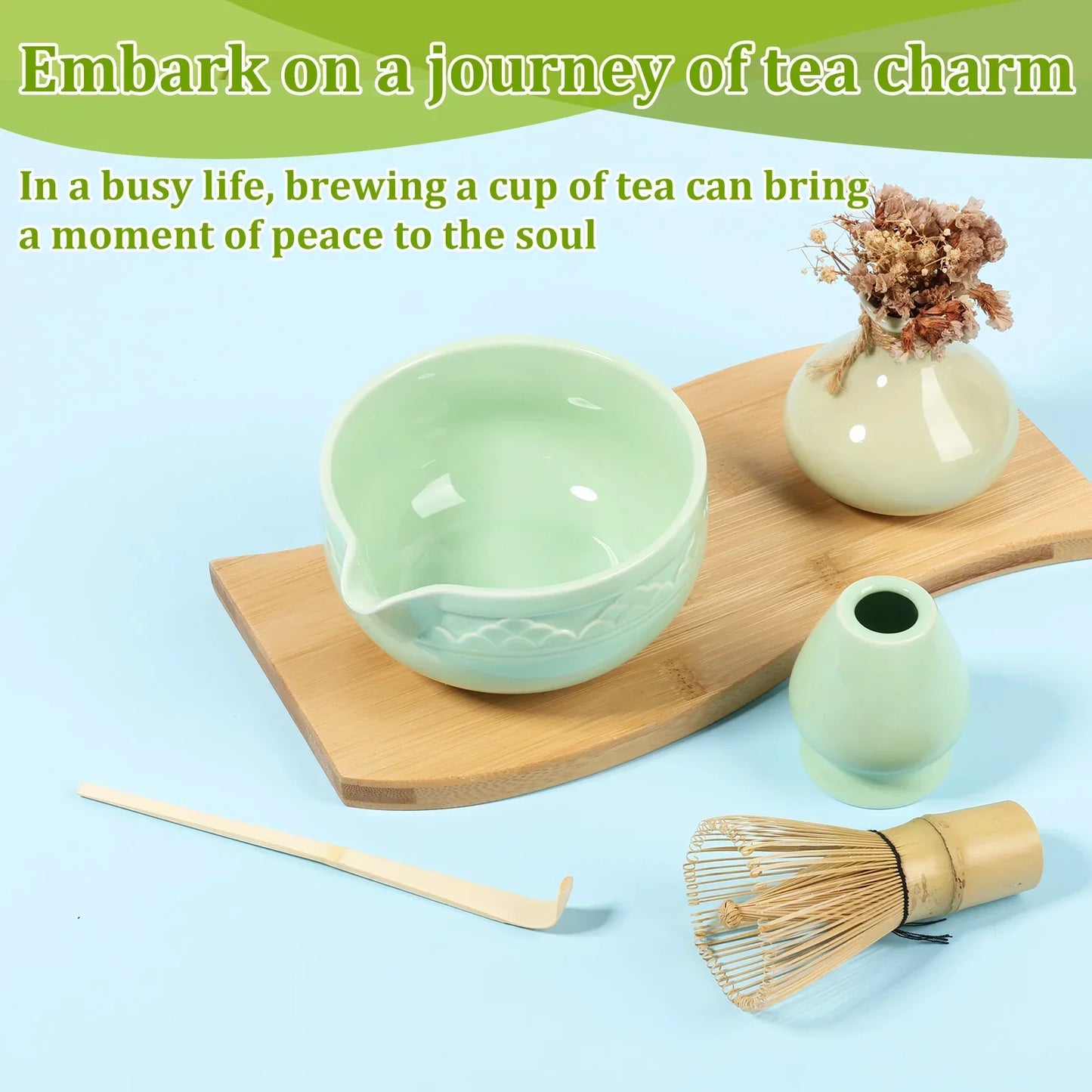 Japanese Tea Set 5-Piece Ceramic Bowl Whisk Holder Spoon