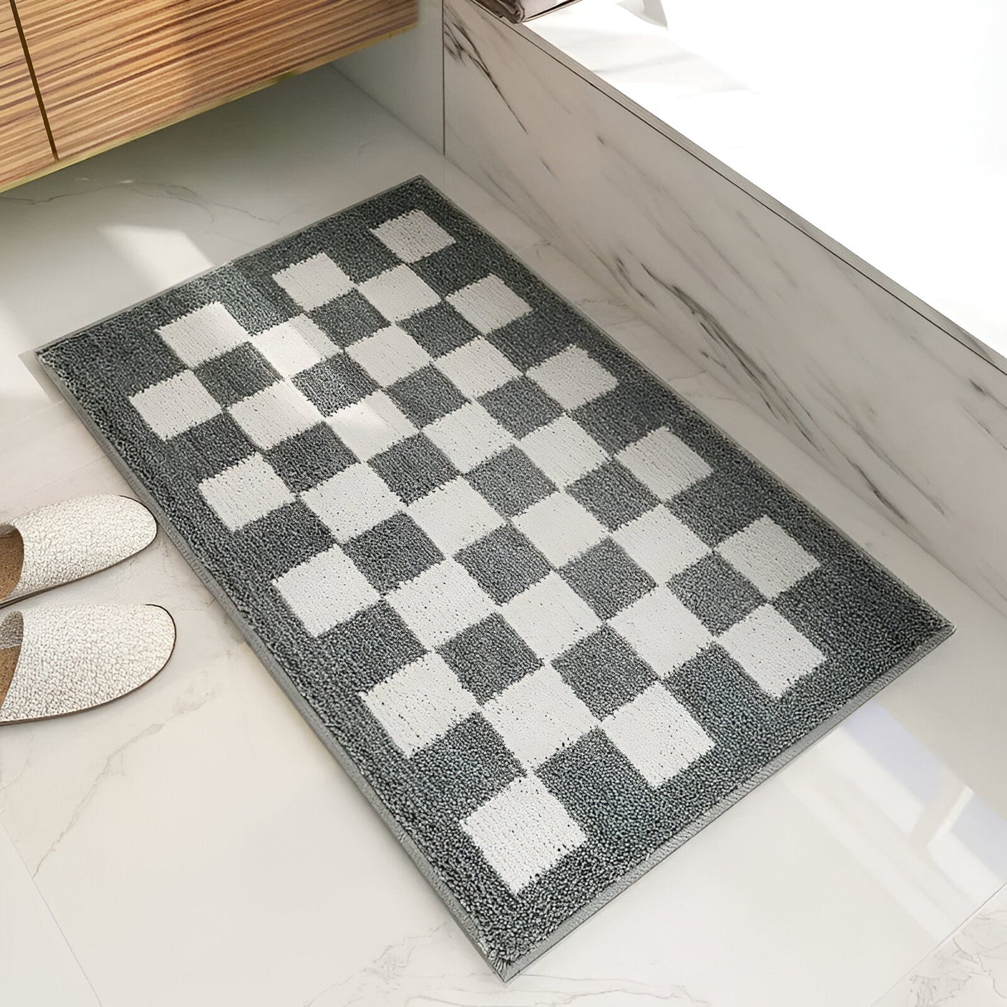 Soft Checker Pattern Bathroom Mat Black White