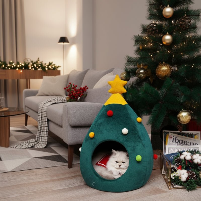 Christmas Tree Cat Bed - Plush Cushioned Feline Lounger