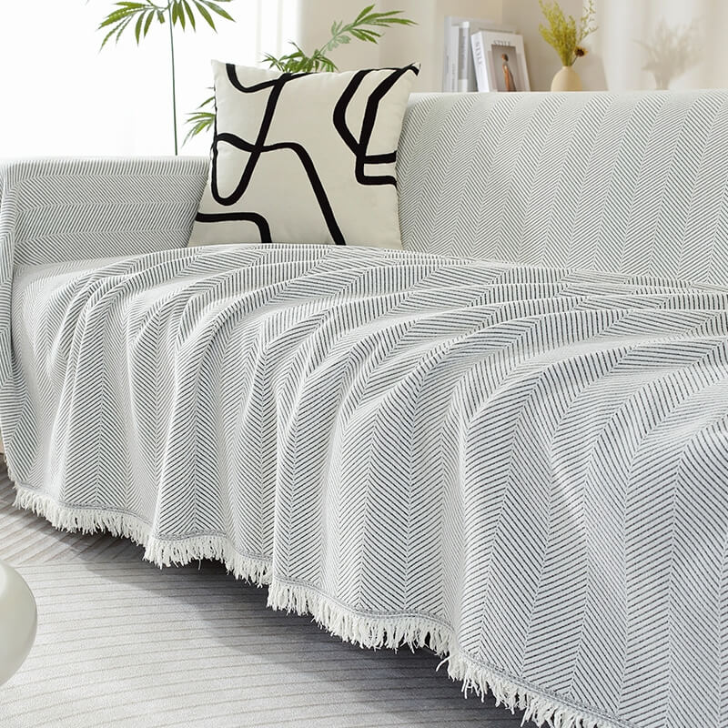 Plush Herringbone Couch Cover with Fringe