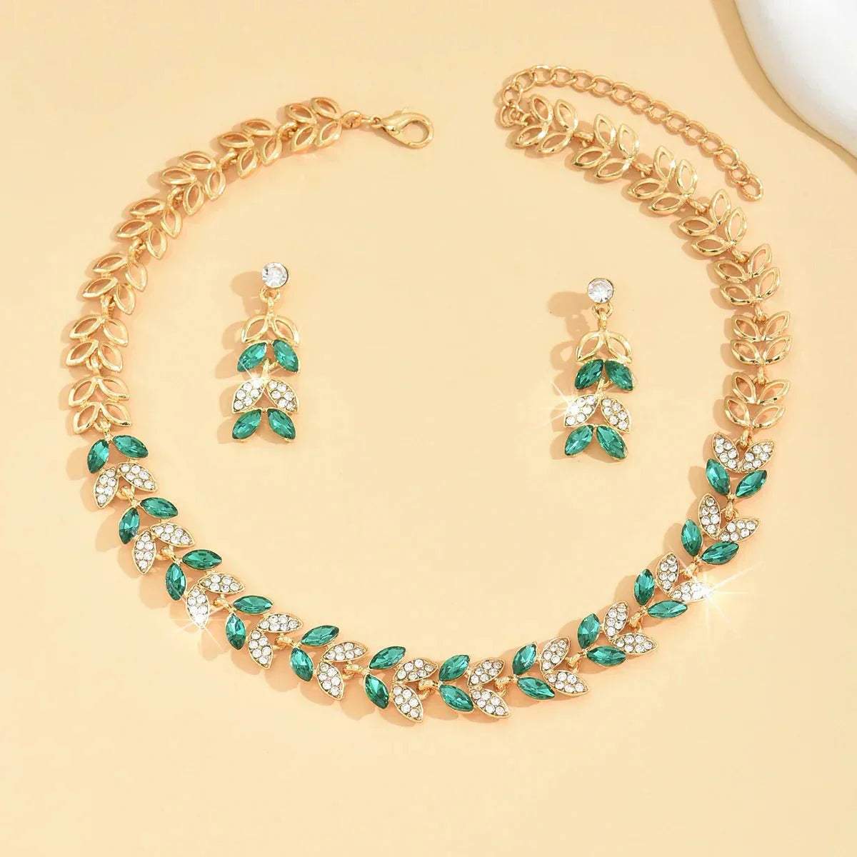 Green Diamond Leaf Necklace and Earrings Set