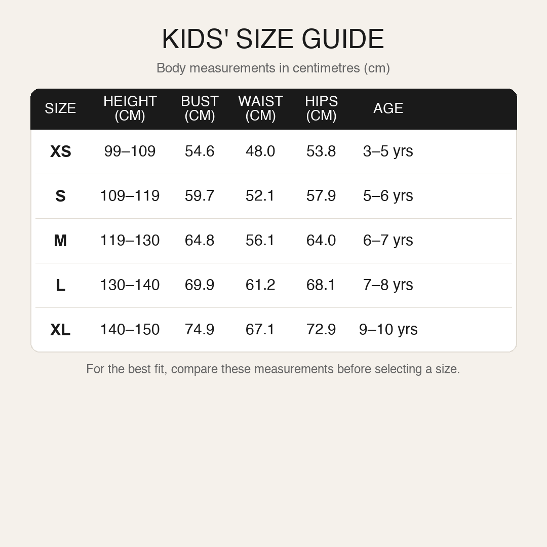 Kids Size Guide - Body measurements in centimetres
