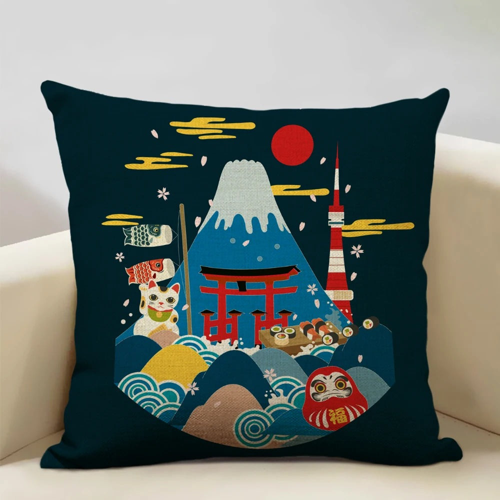 Traditional Japanese Mount Fuji Pillow Cover