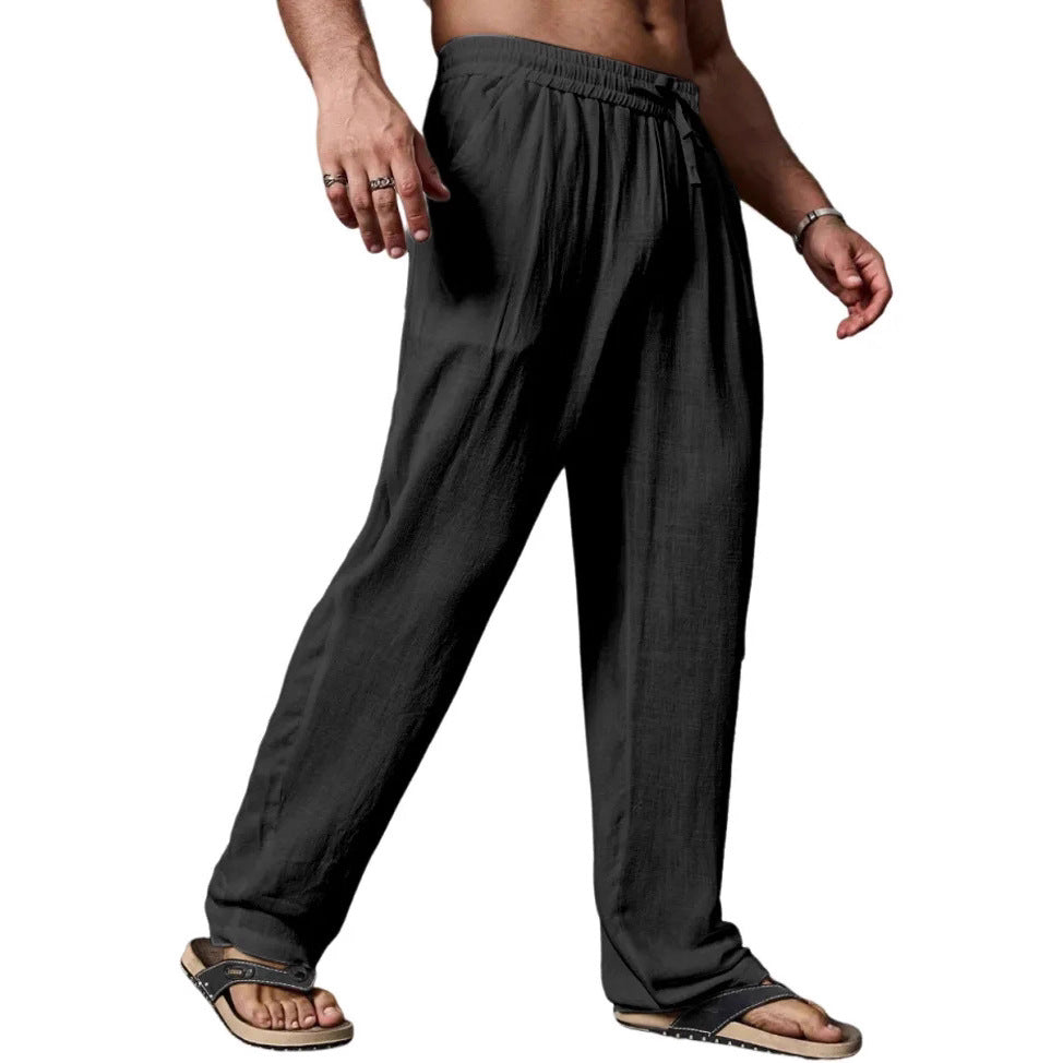 Men's Relaxed Straight-Leg Linen-Blend Yoga Pants with Drawstring Elastic Waistband