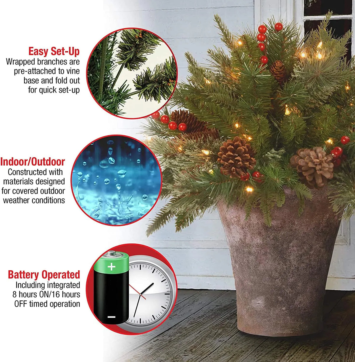 Pre-Lit Christmas Urn Filler with LED Lights and Realistic Pine Cones