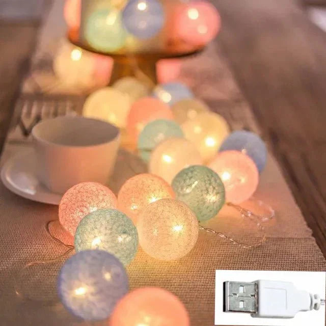 Colorful String Fairy Light Cotton Ball Decor