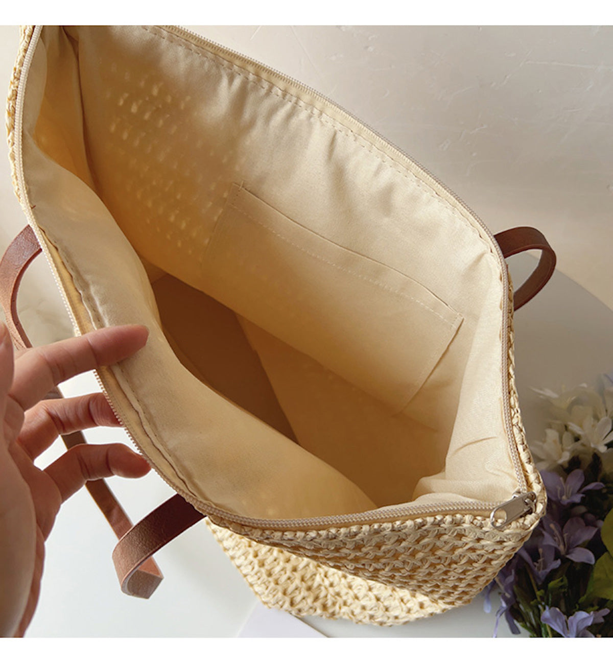 Natural Woven Tote Bag with Brown Leather Handles