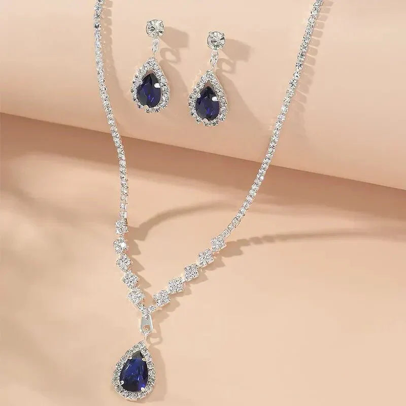 Sparkling Blue Drop Diamond Necklace and Earring Set