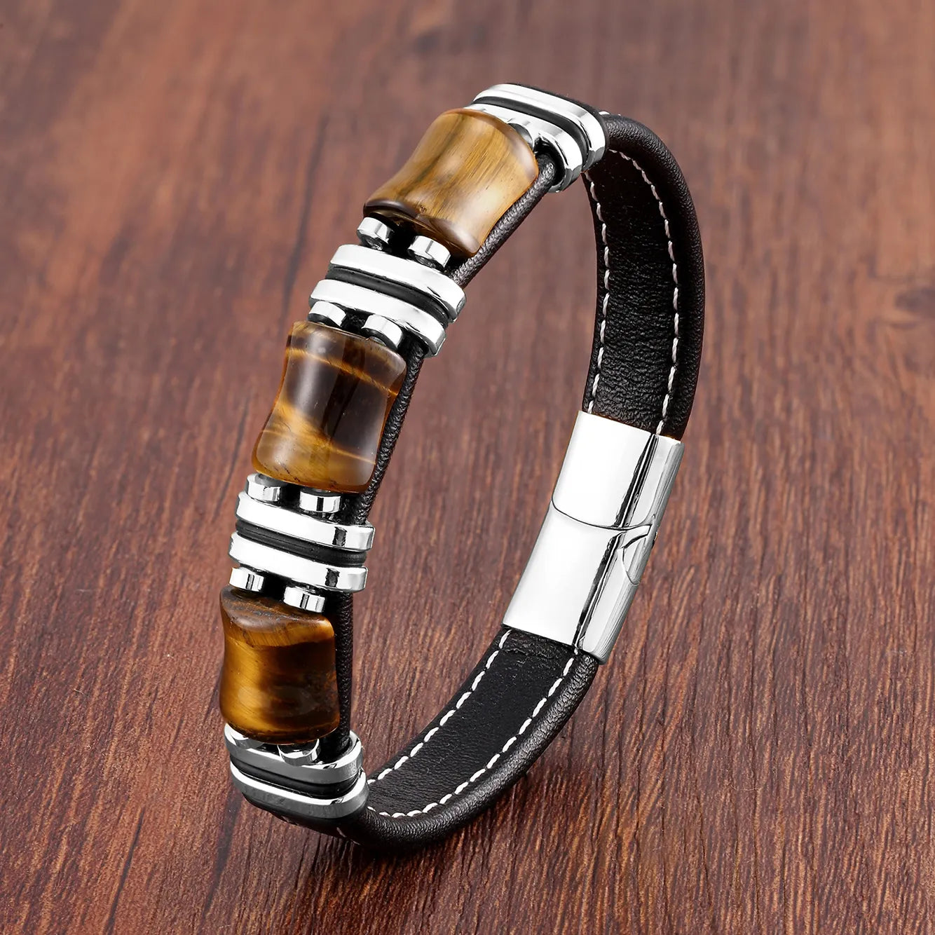 Men's Genuine Leather Tiger Eye Bead Bracelet