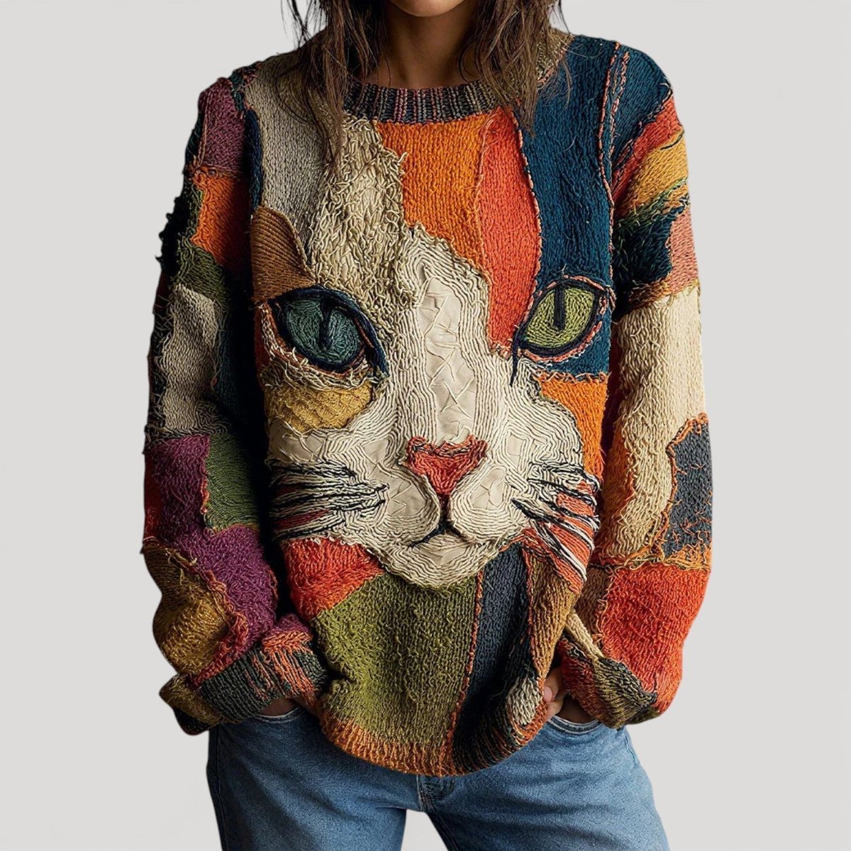 Women's Colorblock Cat Graphic Crewneck Knit Sweater