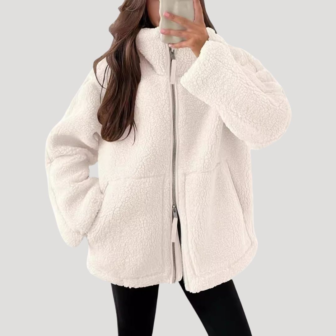 Women's High-Neck Zip-Up Teddy Jacket with Front Pockets
