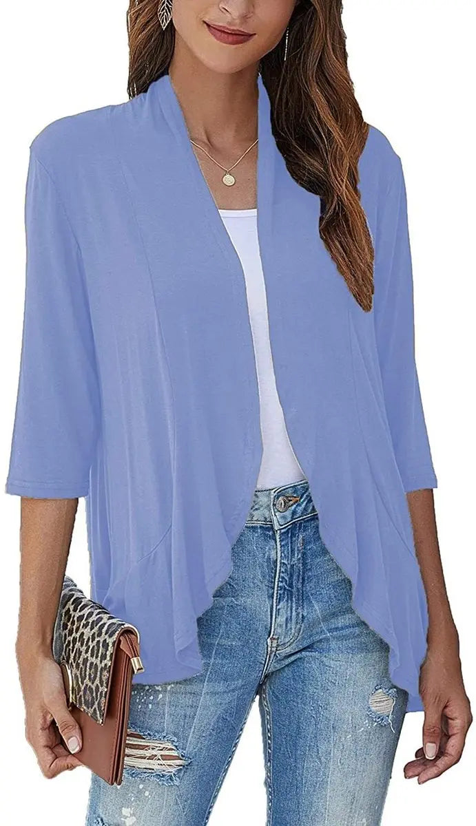 Women's Lightweight 3/4-Sleeve Draped Open-Front Cardigan