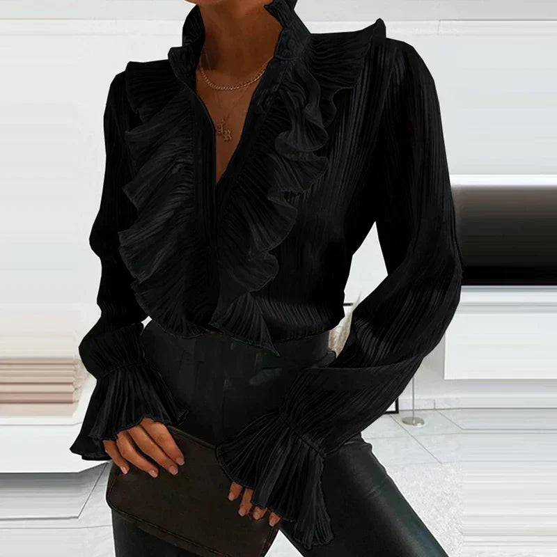 Women's Long Sleeve Blouse with Deep V-Neck and Button Closure
