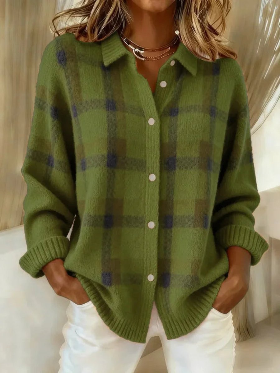Women's Oversized Plaid Knit Button-Up Cardigan Jacket