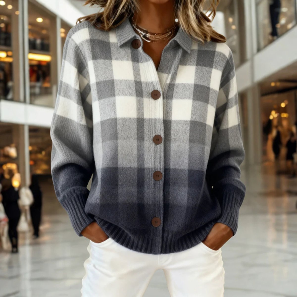 Women's Plaid Button-Down Knit Cardigan Sweater