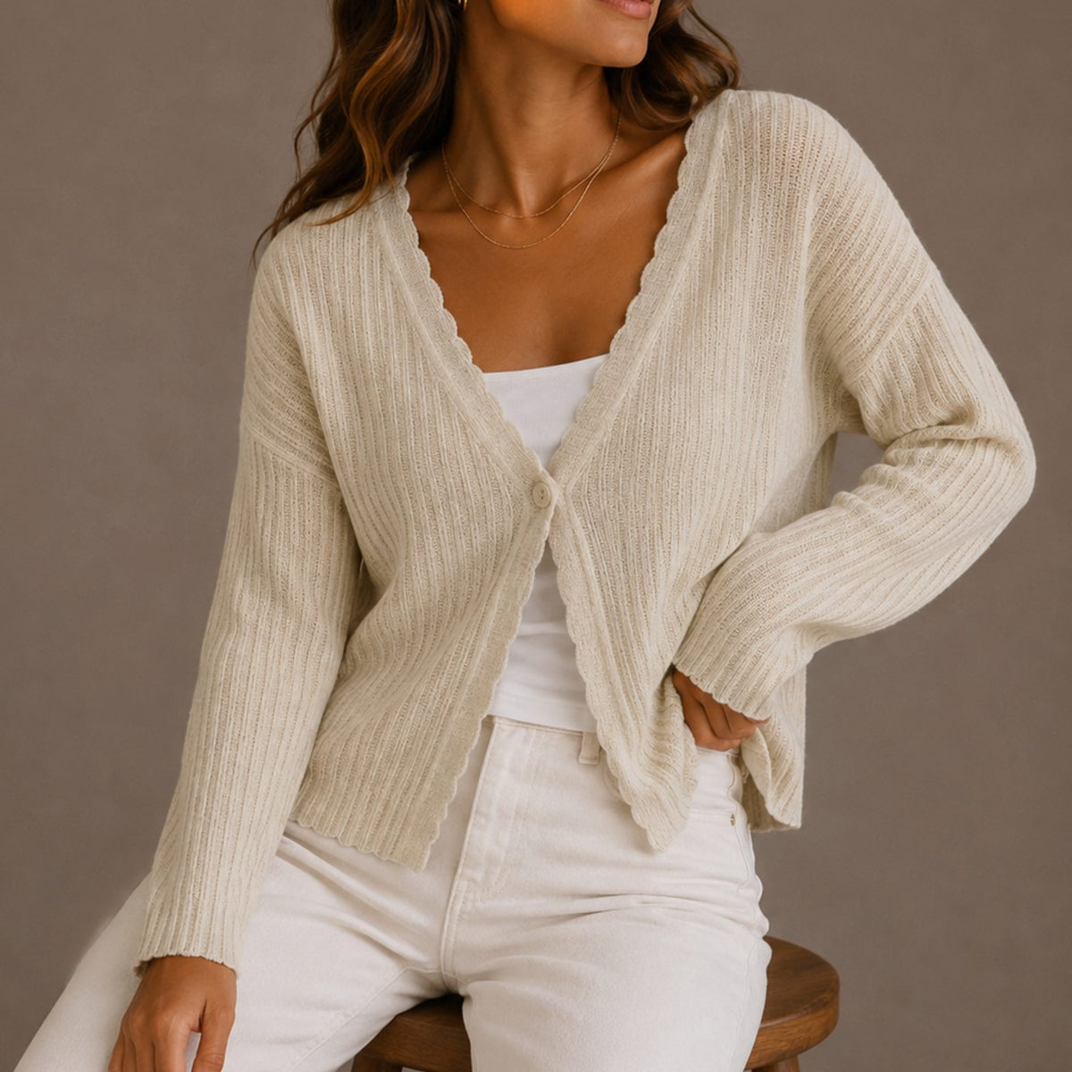 Women's Scallop-Trim V-Neck Single-Button Knit Cardigan
