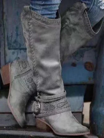 Women's Slip-On Round Toe Knee-High Buckle Strap Boots with Zipper