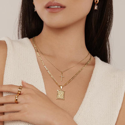 Personalized 14k Gold Initial and Cross Pendant Set