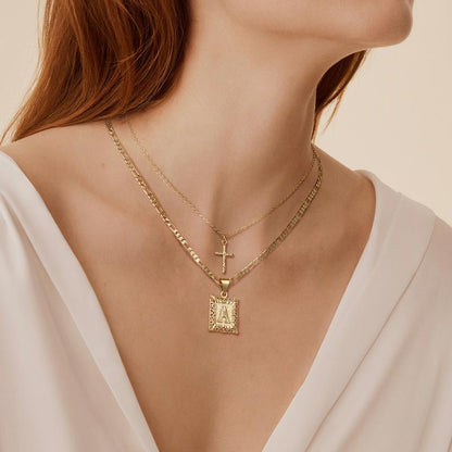 Personalized 14k Gold Initial and Cross Pendant Set