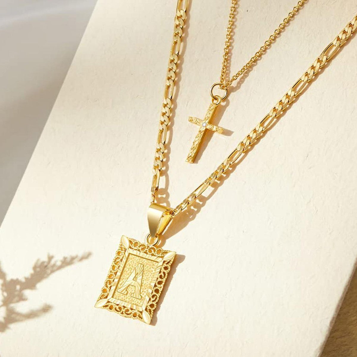 Personalized 14k Gold Initial and Cross Pendant Set