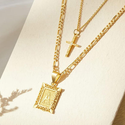 Personalized 14k Gold Initial and Cross Pendant Set