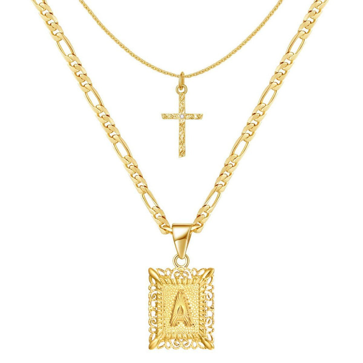 Personalized 14k Gold Initial and Cross Pendant Set