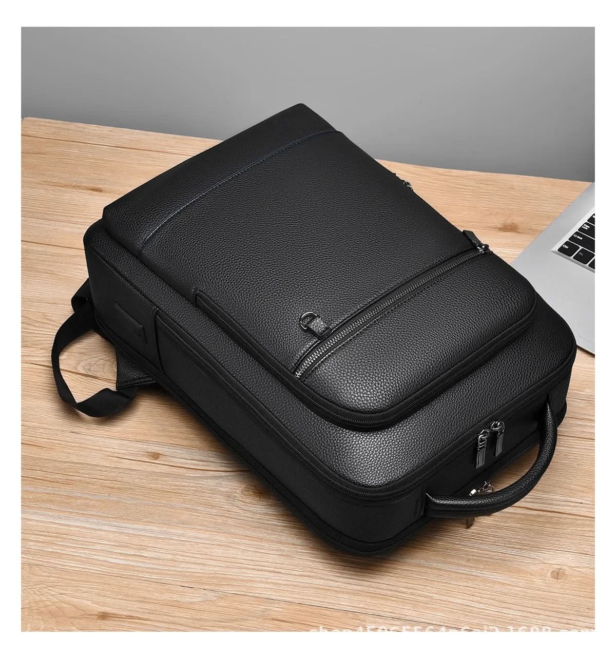 Stylish Leather Backpack with USB Port, 15.6 Inch, Black