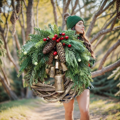 Rustic Christmas Wreath with Pinecones and Bells - Cofik