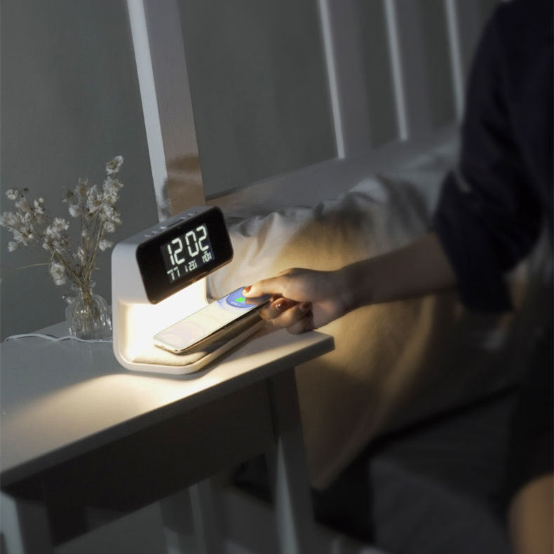 Compact Bedside Lamp with Wireless Charging & Alarm Clock