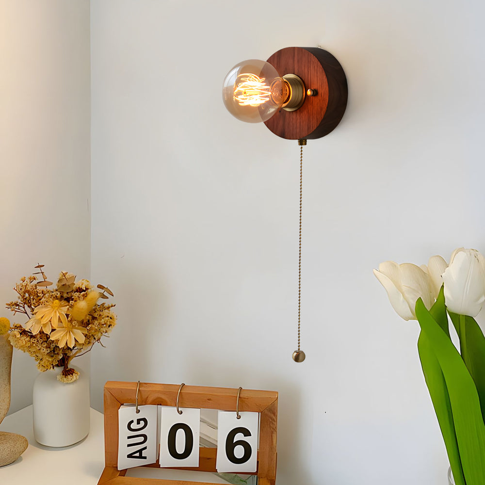 Classic Wooden Wall Light with Chain Switch