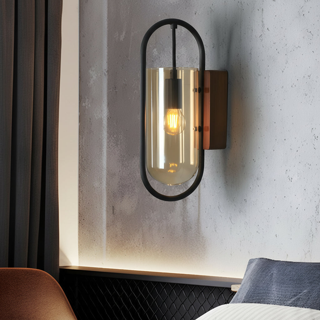 Vintage Wood LED Wall Lamp – Glass Shade