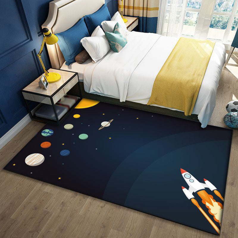 Fun Galaxy Kids Rug Blue and Black Polyester Non-Slip