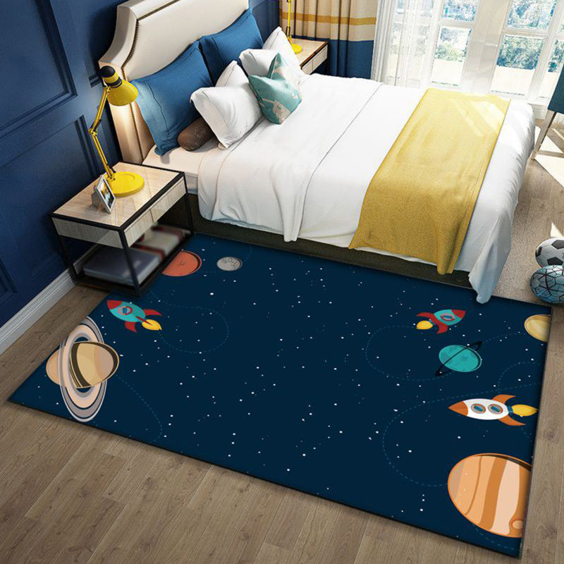 Fun Galaxy Kids Rug Blue and Black Polyester Non-Slip