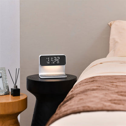 Compact Bedside Lamp with Wireless Charging & Alarm Clock