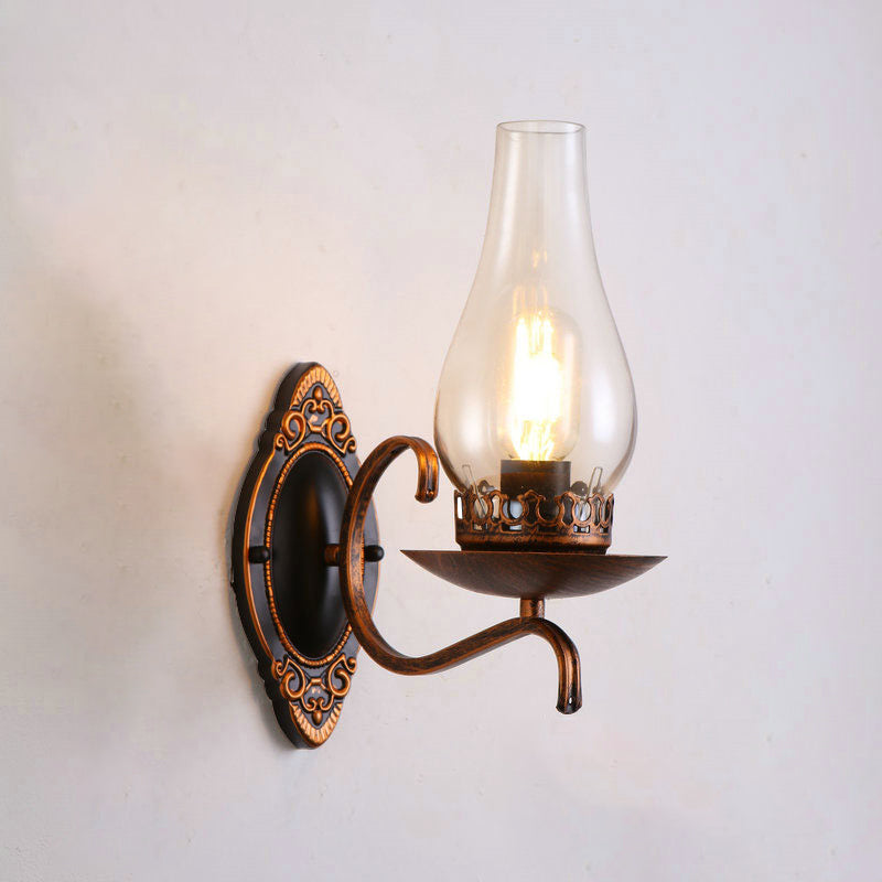 Rustic Metal Wall Lamp with Glass Shade in Bronze Finish