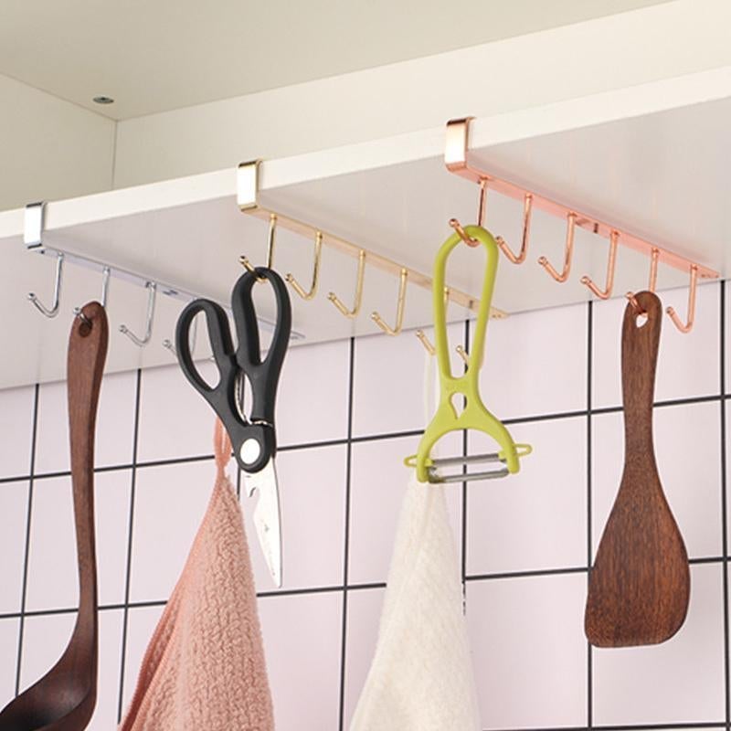 Space-Saving 6-Hook Under Cabinet Storage Rack