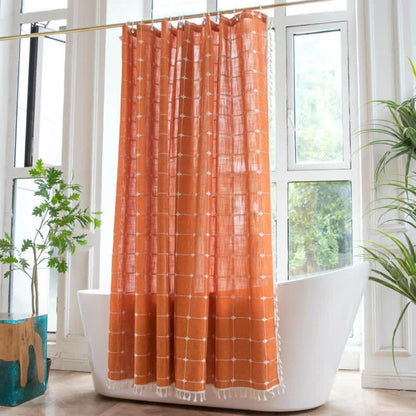 Colorful Checkered Shower Curtain with Tassels Waterproof Bathroom
