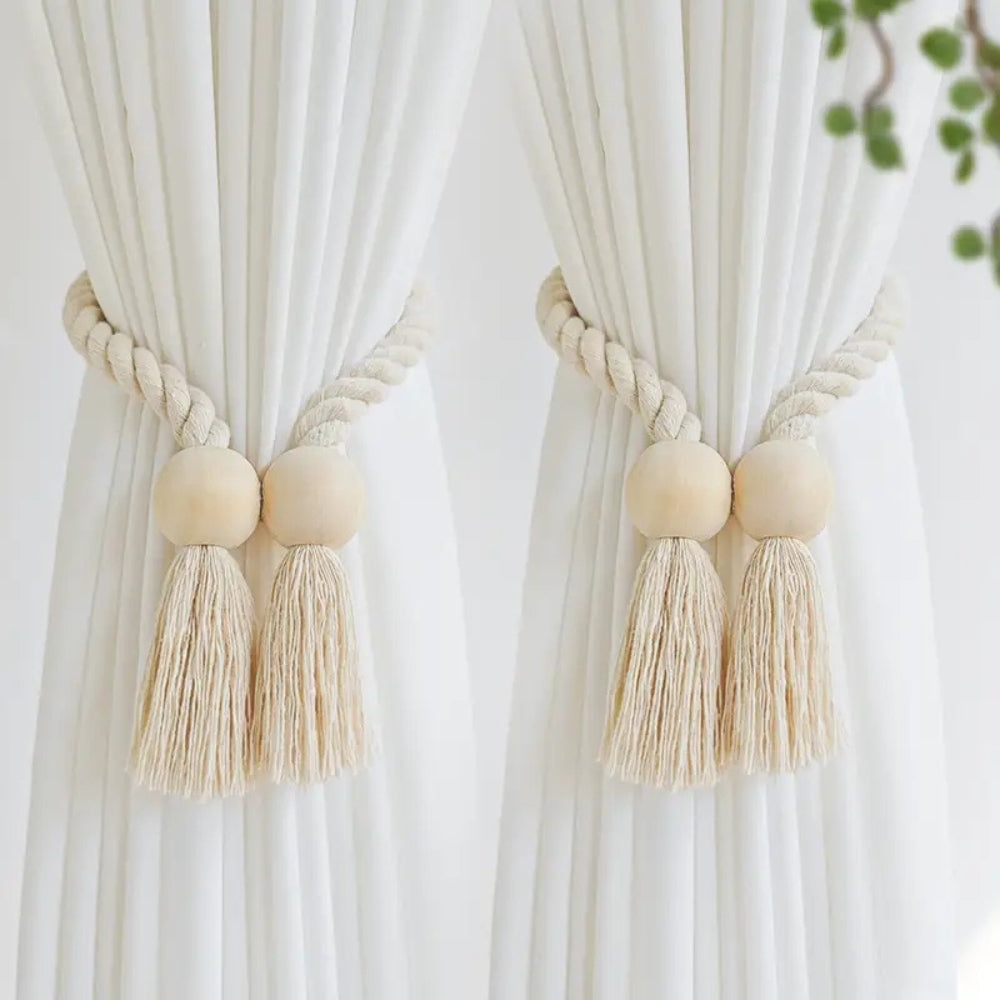 Natural Wooden Tassel Curtain Holders (Pair)