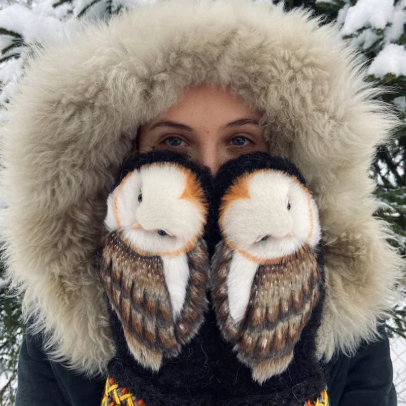 Warm Woolen Winter Mittens with Owl Design