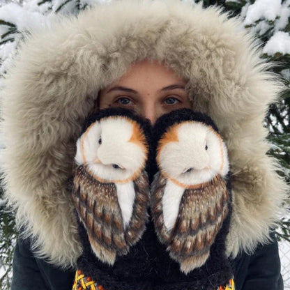 Warm Woolen Winter Mittens with Owl Design