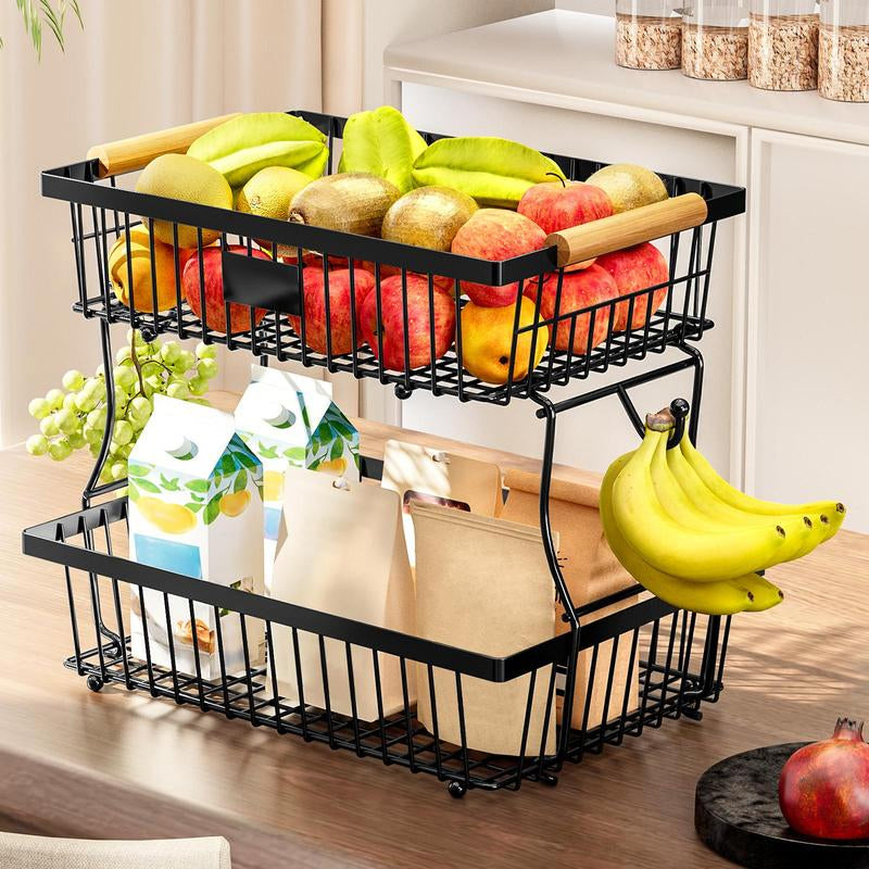 Space Saving 2 Tier Metal Fruit Stand with Hanging Hooks